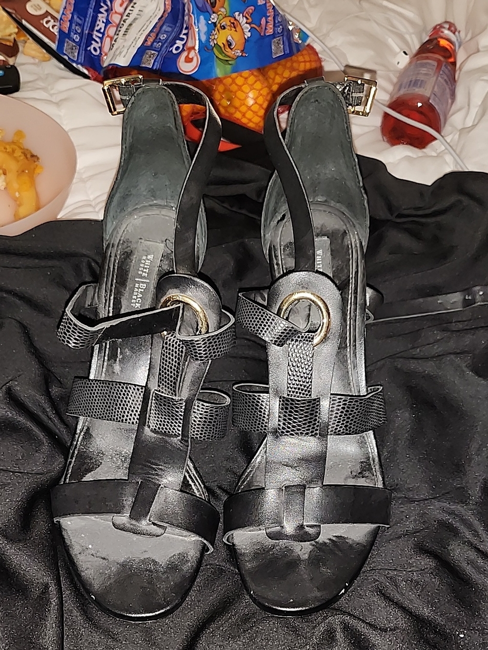 White House Black Market Black Strappy Slingback Heels with Gold Ring